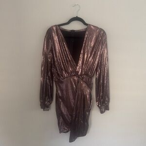 Bronze Rose Gold Metallic Long Sleeve Dress